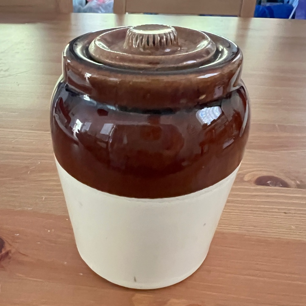 Vintage Pottery Small Lidded Mustard Crock Pot Glazed Brown White Mid-Century